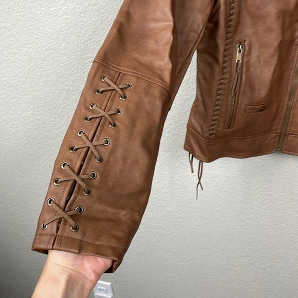 Coffee Shop Faux Leather Vegan Jacket Boho Moto Lace Up Ties Brown Sz L - Picture 7 of 14